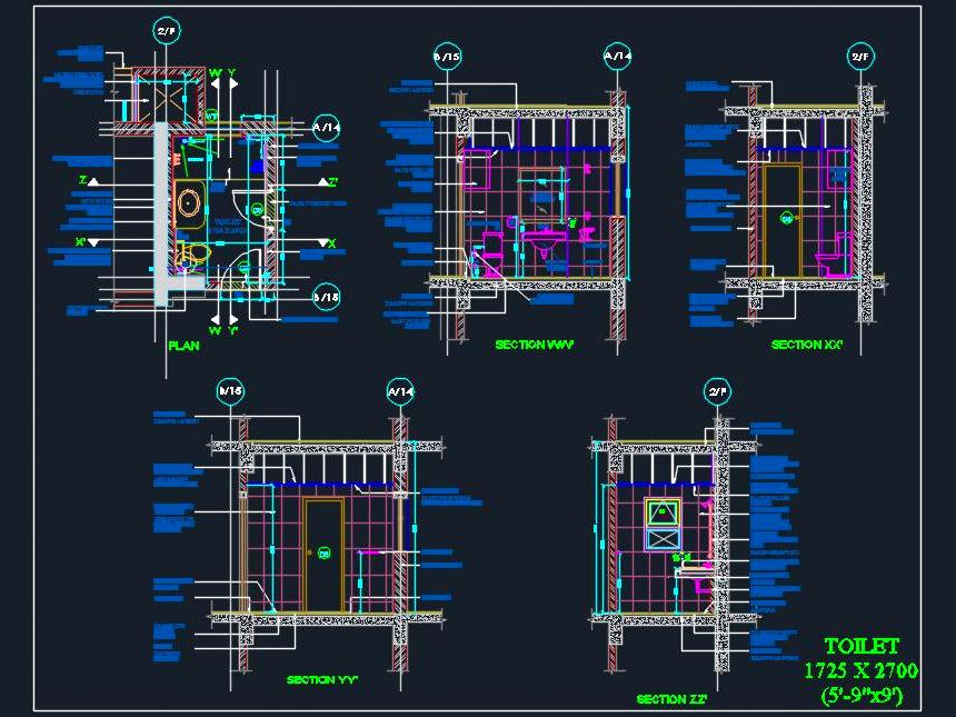 Toilet Design CAD 5'-9x9' Plan with Two Doors and Shower Area